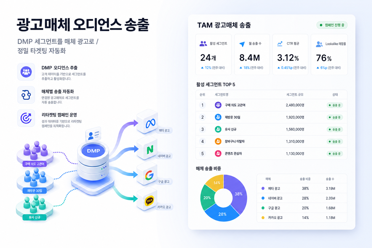TAM 광고매체 송출 - DMP 오디언스 세그먼트를 네이버·카카오·구글·메타로 자동 송출하여 정밀 타겟팅